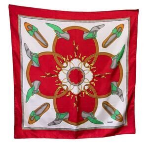 Vintage BALLY Silk Scarf with Shoes Print Motif in Red, Gold White